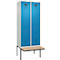 Kleiderspind C+P Evolo Plus, 2 Abteile à 400 mm Breite, schwebende Sitzbank, B 800 x T 815 x H 2120 mm, Zylinder, lichtgrau/lichtblau