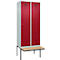 Kleiderspind C+P Evolo Plus, 2 Abteile à 400 mm Breite, schwebende Sitzbank, B 800 x T 815 x H 2120 mm, Zylinder, lichtgrau/rubinrot