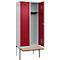 Kleiderspind C+P Evolo Plus, 2 Abteile à 400 mm Breite, schwebende Sitzbank, B 800 x T 815 x H 2120 mm, Zylinder, lichtgrau/rubinrot