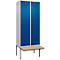 Kleiderspind C+P Evolo Plus, 2 Abteile à 400 mm Breite, schwebende Sitzbank, B 800 x T 815 x H 2120 mm, Zylinder, weißaluminium/enzianblau