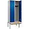 Kleiderspind C+P Evolo Plus, 2 Abteile à 400 mm Breite, schwebende Sitzbank, B 800 x T 815 x H 2120 mm, Zylinder, weißaluminium/enzianblau