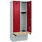 Kleiderspind C+P Evolo Plus, 2 Abteile à 400 mm Breite, Sockel, schwebende Sitzbank, B 800 x T 815 x H 1950 mm, Drehriegel, lichtgrau/rubinrot