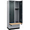 Kleiderspind C+P Evolo Plus, 2 Abteile à 400 mm Breite, Sockel, schwebende Sitzbank, B 800 x T 815 x H 1950 mm, Drehriegel, weissaluminium/anthrazitgrau