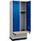 Kleiderspind C+P Evolo Plus, 2 Abteile à 400 mm Breite, Sockel, schwebende Sitzbank, B 800 x T 815 x H 1950 mm, Drehriegel, weissaluminium/enzianblau
