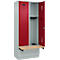 Kleiderspind C+P Evolo Plus, 2 Abteile à 400 mm Breite, Sockel, schwebende Sitzbank, B 800 x T 815 x H 1950 mm, Zylinder, lichtgrau/rubinrot