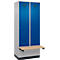 Kleiderspind C+P Evolo Plus, 2 Abteile à 400 mm Breite, Sockel, schwebende Sitzbank, B 800 x T 815 x H 1950 mm, Zylinder, weissaluminium/enzianblau