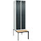 Kleiderspind C+P Evolo Plus, 2 Abteile mit je 300 mm Breite, Unterbau-Sitzbank, B 600 x T 815 x H 2120 mm, Drehriegel, lichtgrau/anthrazitgrau