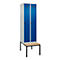 Kleiderspind C+P Evolo Plus, 2 Abteile mit je 300 mm Breite, Unterbau-Sitzbank, B 600 x T 815 x H 2120 mm, Drehriegel, lichtgrau/enzianblau