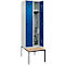 Kleiderspind C+P Evolo Plus, 2 Abteile mit je 300 mm Breite, Unterbau-Sitzbank, B 600 x T 815 x H 2120 mm, Drehriegel, lichtgrau/enzianblau