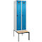 Kleiderspind C+P Evolo Plus, 2 Abteile mit je 300 mm Breite, Unterbau-Sitzbank, B 600 x T 815 x H 2120 mm, Drehriegel, lichtgrau/lichtblau