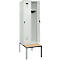 Kleiderspind C+P Evolo Plus, 2 Abteile mit je 300 mm Breite, Unterbau-Sitzbank, B 600 x T 815 x H 2120 mm, Drehriegel, lichtgrau/lichtgrau