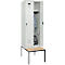Kleiderspind C+P Evolo Plus, 2 Abteile mit je 300 mm Breite, Unterbau-Sitzbank, B 600 x T 815 x H 2120 mm, Drehriegel, lichtgrau/lichtgrau