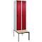 Kleiderspind C+P Evolo Plus, 2 Abteile mit je 300 mm Breite, Unterbau-Sitzbank, B 600 x T 815 x H 2120 mm, Drehriegel, lichtgrau/rubinrot