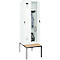 Kleiderspind C+P Evolo Plus, 2 Abteile mit je 300 mm Breite, Unterbau-Sitzbank, B 600 x T 815 x H 2120 mm, Drehriegel, verkehrsweiss/verkehrsweiss