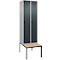 Kleiderspind C+P Evolo Plus, 2 Abteile mit je 300 mm Breite, Unterbau-Sitzbank, B 600 x T 815 x H 2120 mm, Drehriegel, weissaluminium/anthrazitgrau