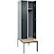Kleiderspind C+P Evolo Plus, 2 Abteile mit je 300 mm Breite, Unterbau-Sitzbank, B 600 x T 815 x H 2120 mm, Drehriegel, weissaluminium/anthrazitgrau