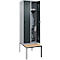 Kleiderspind C+P Evolo Plus, 2 Abteile mit je 300 mm Breite, Unterbau-Sitzbank, B 600 x T 815 x H 2120 mm, Drehriegel, weissaluminium/anthrazitgrau