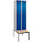 Kleiderspind C+P Evolo Plus, 2 Abteile mit je 300 mm Breite, Unterbau-Sitzbank, B 600 x T 815 x H 2120 mm, Drehriegel, weissaluminium/enzianblau