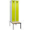 Kleiderspind C+P Evolo Plus, 2 Abteile mit je 300 mm Breite, Unterbau-Sitzbank, B 600 x T 815 x H 2120 mm, Zylinder, lichtgrau/clowngrün