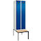Kleiderspind C+P Evolo Plus, 2 Abteile mit je 300 mm Breite, Unterbau-Sitzbank, B 600 x T 815 x H 2120 mm, Zylinder, lichtgrau/enzianblau