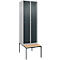 Kleiderspind C+P Evolo Plus, 2 Abteile mit je 300 mm Breite, Unterbau-Sitzbank, B 600 x T 815 x H 2120 mm, Zylinder, weissaluminium/anthrazitgrau