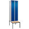 Kleiderspind C+P Evolo Plus, 2 Abteile mit je 300 mm Breite, Unterbau-Sitzbank, B 600 x T 815 x H 2120 mm, Zylinder, weissaluminium/enzianblau