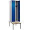 Kleiderspind C+P Evolo Plus, 2 Abteile mit je 300 mm Breite, Unterbau-Sitzbank, B 600 x T 815 x H 2120 mm, Zylinder, weissaluminium/enzianblau