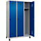 Kleiderspind C+P Evolo Plus, 3 Abteile, 400 mm Abteilbreite, mit Füßen, Anschlag rechts, B 1200 x T 500 x H 1950 mm, Drehriegel, weißaluminium/enzianblau