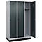 Kleiderspind C+P Evolo Plus, 3 Abteile, 400 mm Abteilbreite, mit Sockel, Anschlag rechts, B 1200 x T 500 x H 1950 mm, Drehriegel, weißaluminium/anthrazitgrau