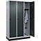Kleiderspind C+P Evolo Plus, 3 Abteile, 400 mm Abteilbreite, mit Sockel, Anschlag rechts, B 1200 x T 500 x H 1950 mm, Drehriegel, weißaluminium/anthrazitgrau