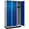 Kleiderspind C+P Evolo Plus, 3 Abteile, 400 mm Abteilbreite, mit Sockel, Anschlag rechts, B 1200 x T 500 x H 1950 mm, Drehriegel, weißaluminium/enzianblau