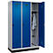 Kleiderspind C+P Evolo Plus, 3 Abteile, 400 mm Abteilbreite, mit Sockel, Anschlag rechts, B 1200 x T 500 x H 1950 mm, Drehriegel, weißaluminium/enzianblau