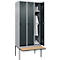 Kleiderspind C+P Evolo Plus, 3 Abteile à 300 mm Breite, schwebende Sitzbank, B 900 x T 815 x H 2120 mm, Drehriegel, weißaluminium/anthrazitgrau