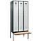 Kleiderspind C+P Evolo Plus, 3 Abteile à 300 mm Breite, schwebende Sitzbank, B 900 x T 815 x H 2120 mm, Zylinder, anthrazitgrau/lichtgrau