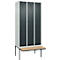 Kleiderspind C+P Evolo Plus, 3 Abteile à 300 mm Breite, schwebende Sitzbank, B 900 x T 815 x H 2120 mm, Zylinder, lichtgrau/anthrazitgrau
