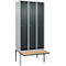 Kleiderspind C+P Evolo Plus, 3 Abteile à 300 mm Breite, schwebende Sitzbank, B 900 x T 815 x H 2120 mm, Zylinder, weißaluminium/anthrazit