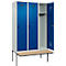 Kleiderspind C+P Evolo Plus, 3 Abteile à 400 mm Breite, schwebende Sitzbank, B 1200 x T 815 x H 2120 mm, Drehriegel, lichtgrau/enzianblau
