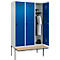 Kleiderspind C+P Evolo Plus, 3 Abteile à 400 mm Breite, schwebende Sitzbank, B 1200 x T 815 x H 2120 mm, Drehriegel, lichtgrau/enzianblau