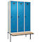 Kleiderspind C+P Evolo Plus, 3 Abteile à 400 mm Breite, schwebende Sitzbank, B 1200 x T 815 x H 2120 mm, Drehriegel, lichtgrau/lichtblau
