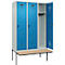 Kleiderspind C+P Evolo Plus, 3 Abteile à 400 mm Breite, schwebende Sitzbank, B 1200 x T 815 x H 2120 mm, Drehriegel, lichtgrau/lichtblau