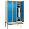 Kleiderspind C+P Evolo Plus, 3 Abteile à 400 mm Breite, schwebende Sitzbank, B 1200 x T 815 x H 2120 mm, Drehriegel, lichtgrau/lichtblau
