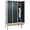 Kleiderspind C+P Evolo Plus, 3 Abteile à 400 mm Breite, schwebende Sitzbank, B 1200 x T 815 x H 2120 mm, Drehriegel, weißaluminium/anthrazitgrau