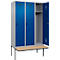 Kleiderspind C+P Evolo Plus, 3 Abteile à 400 mm Breite, schwebende Sitzbank, B 1200 x T 815 x H 2120 mm, Drehriegel, weißaluminium/enzianblau