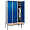 Kleiderspind C+P Evolo Plus, 3 Abteile à 400 mm Breite, schwebende Sitzbank, B 1200 x T 815 x H 2120 mm, Drehriegel, weißaluminium/enzianblau