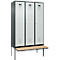 Kleiderspind C+P Evolo Plus, 3 Abteile à 400 mm Breite, schwebende Sitzbank, B 1200 x T 815 x H 2120 mm, Zylinder, anthrazitgrau/lichtgrau