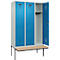 Kleiderspind C+P Evolo Plus, 3 Abteile à 400 mm Breite, schwebende Sitzbank, B 1200 x T 815 x H 2120 mm, Zylinder, lichtgrau/lichtblau
