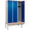 Kleiderspind C+P Evolo Plus, 3 Abteile à 400 mm Breite, schwebende Sitzbank, B 1200 x T 815 x H 2120 mm, Zylinder, weißaluminium/enzianblau