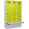 Kleiderspind C+P Evolo Plus, 3 Abteile à 400 mm Breite, Sockel, schwebende Sitzbank, B 1200 x T 815 x H 1950 mm, Drehriegel, lichtgrau/clowngrün