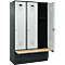 Kleiderspind C+P Evolo Plus, 3 Abteile à 400 mm Breite, Sockel, schwebende Sitzbank, B 1200 x T 815 x H 1950 mm, Zylinder, anthrazitgrau/lichtgrau