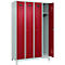 Kleiderspind C+P Evolo Plus, 4 Abteile, 300 mm Abteilbreite, mit Füßen, Anschlag rechts, Zylinder, B 1200 x T 500 x H 1950 mm, lichtgrau/rubinrot